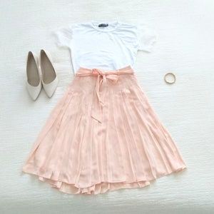 Peachy pink tie waist pleated midi skirt